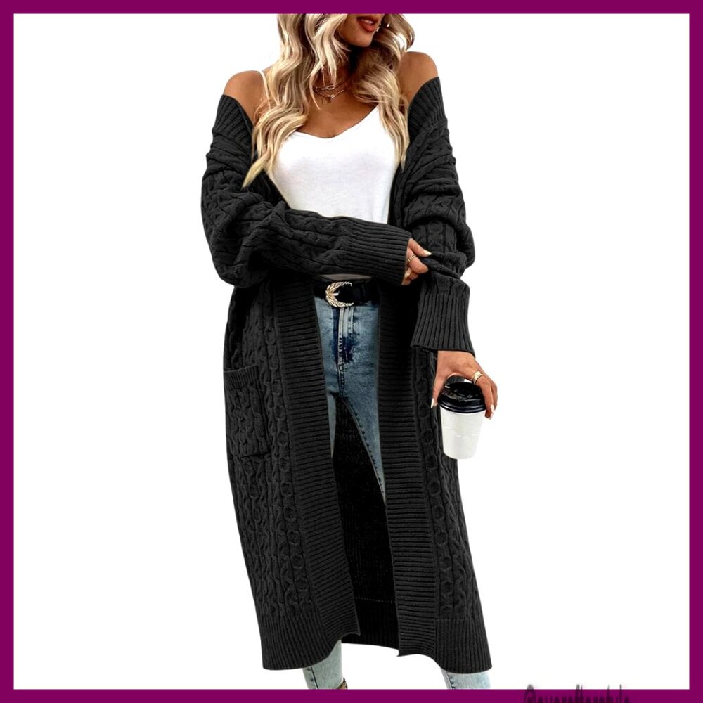 Knee Length Cable Knit Cardigan with Pockets, 100% Polyester, Open Front